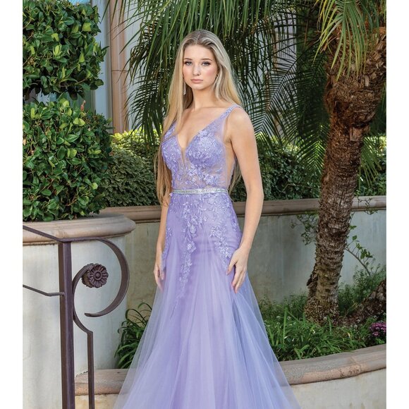 New Sleeveless Mermaid Prom Tulle Gown w/ Floral Applqiue & Deep V-Neck DQ 4311 - Picture 7 of 9